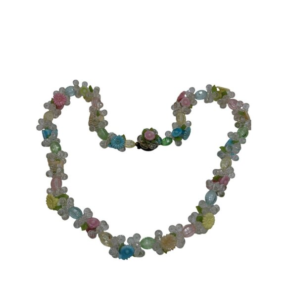 Vintage West Germany Pastel Floral Beaded Necklace With Clear Beads Box Clasp 22 - Picture 3 of 9